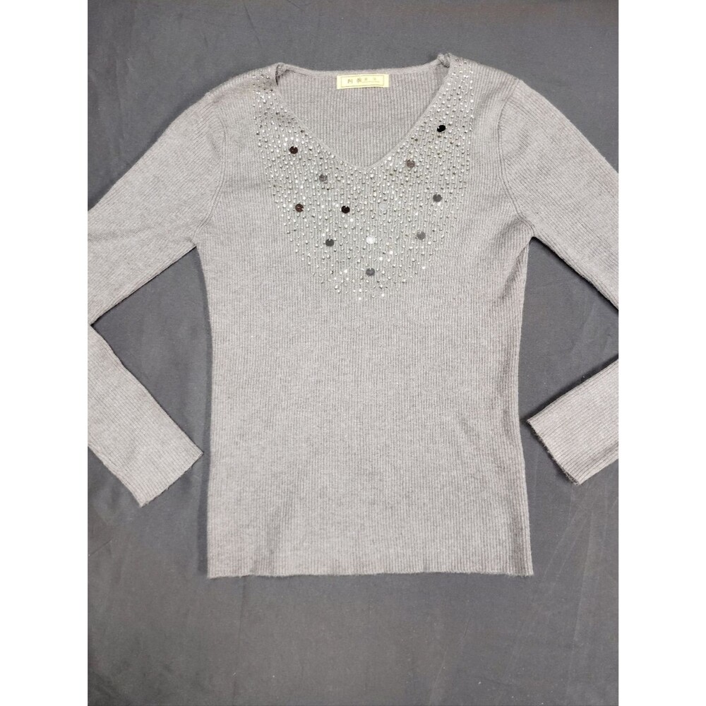 Women's Grey Long Sleeve V-Neck Sweater with Metallic Sequins Embellishment